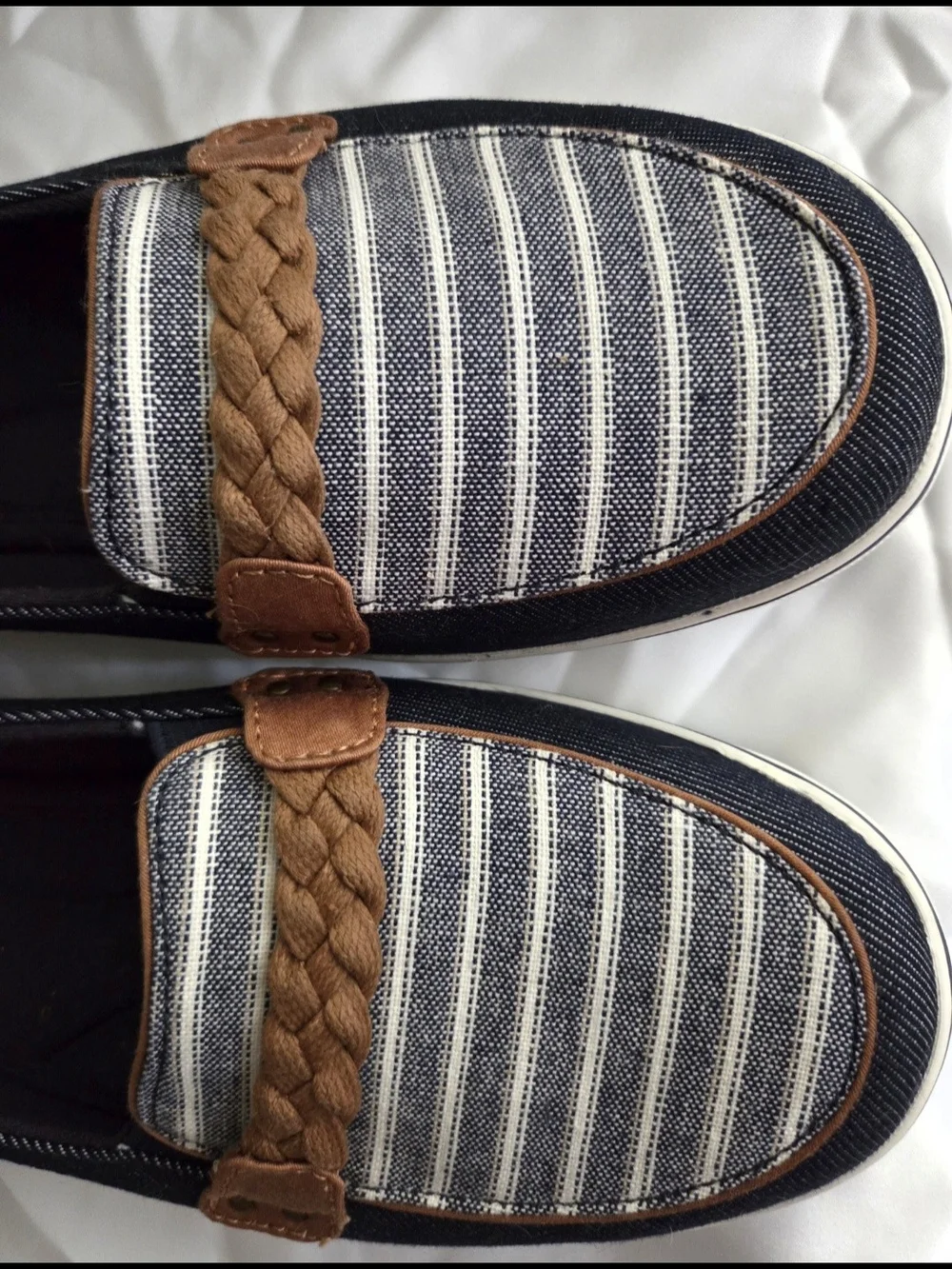 Grasshoppers Navy Stripe Flats with Tan Braided Trim